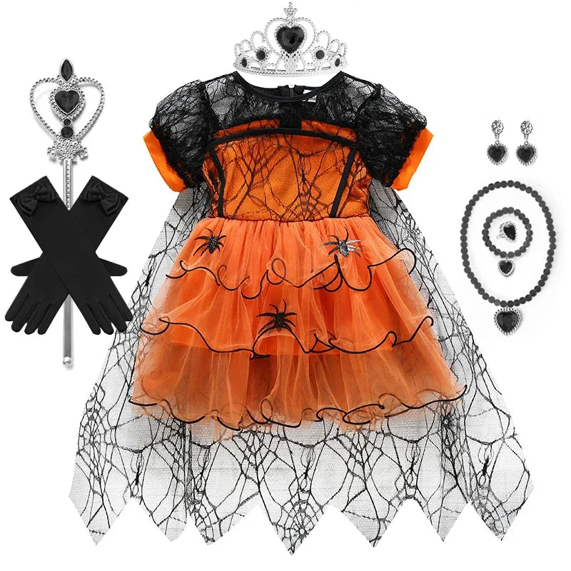 Halloween Girl With Cloak Witch Cosplay Party Dress Toddler Short Sleeve Spider Pattern Lace Tutu Knee Mesh Costume Dresses 1-5Y