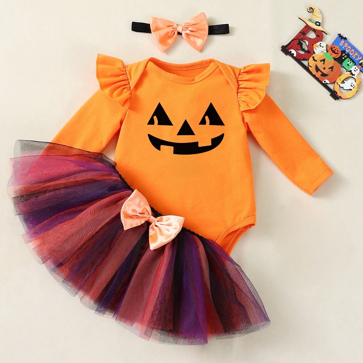 My First Halloween Baby Girl Costume Long Sleeves Ghost Bodysuit Tutu Skirt Bow Headband 0-3 Moths Infant Girl Halloween Clothes