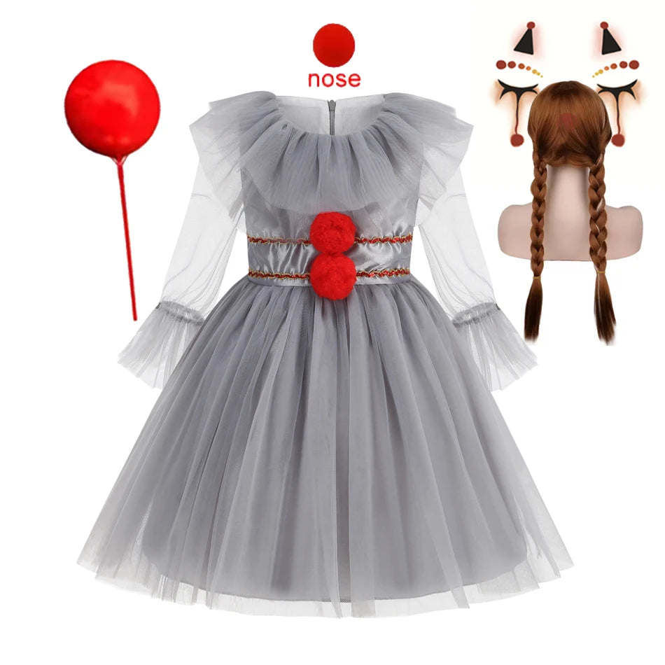 Gray Girls Joker Movie Cosplay Halloween Costume Tutu Dress Creepy Clown Thriller Party Clothes Children Tulle Fancy Party Dress