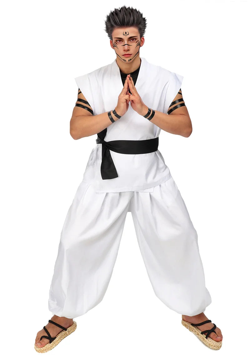 DAZCOS Ryomen Sukuna Costume White Kung Fu Suit with Tattoo Stickers Ryomen Sukuna as Megumi Showdown Cosplay Costume Full Set