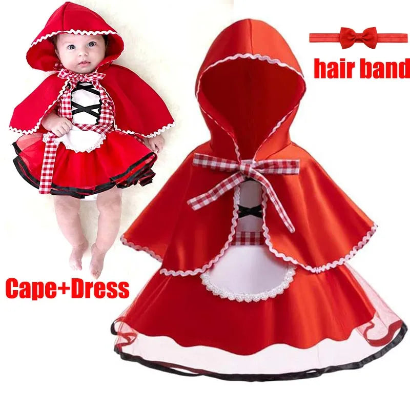 Baby Girls Cosplay Little Red Riding Hood Halloween Costume With Cape Dress up Halloween Red Princess Cloak Performance Dress