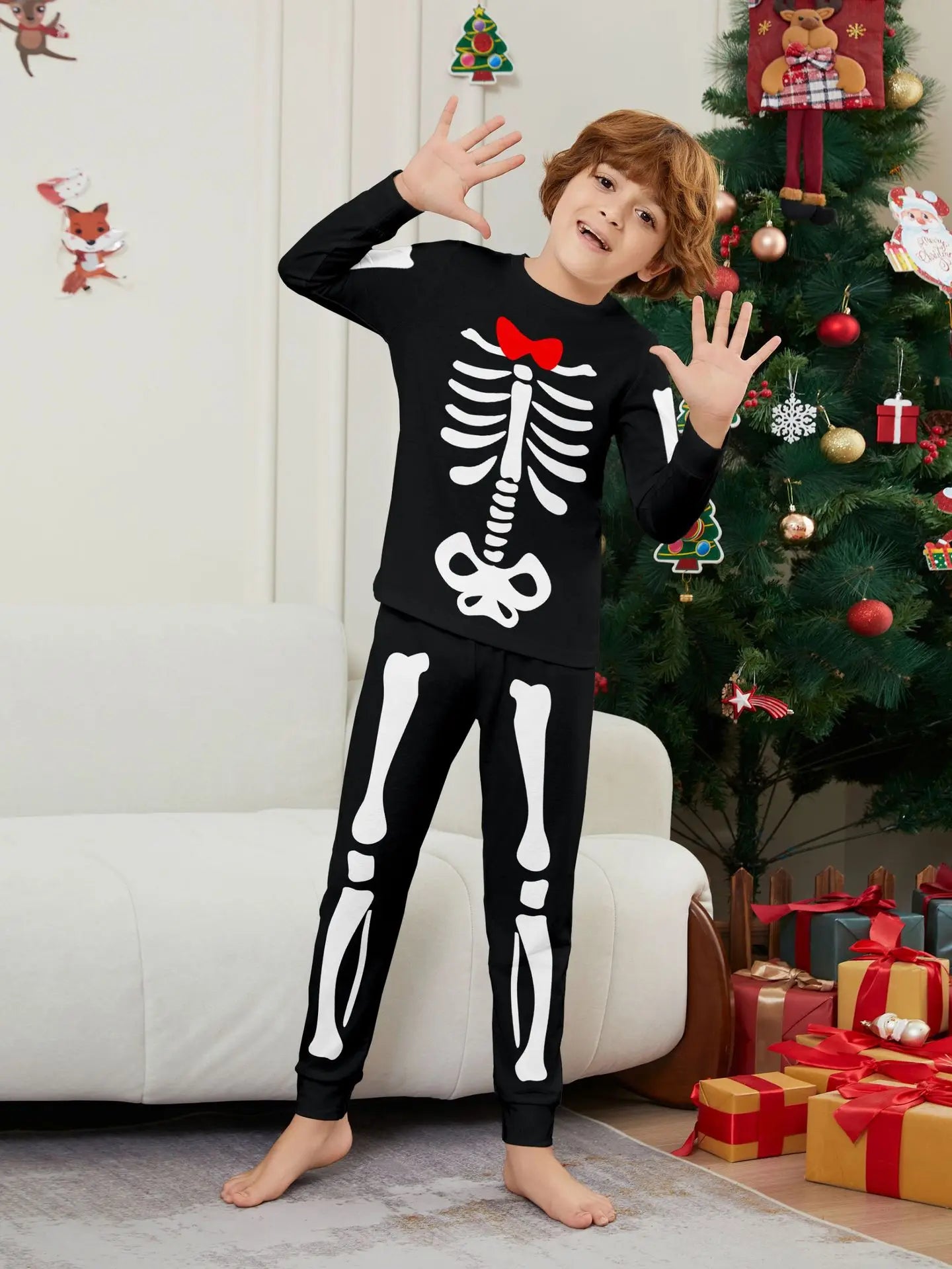 Happy Halloween Family Matching Outfits Skeleton Print Parent-child 2 Pieces Suit Sleepwear Soft Loose Pajamas Set Holiday Wear