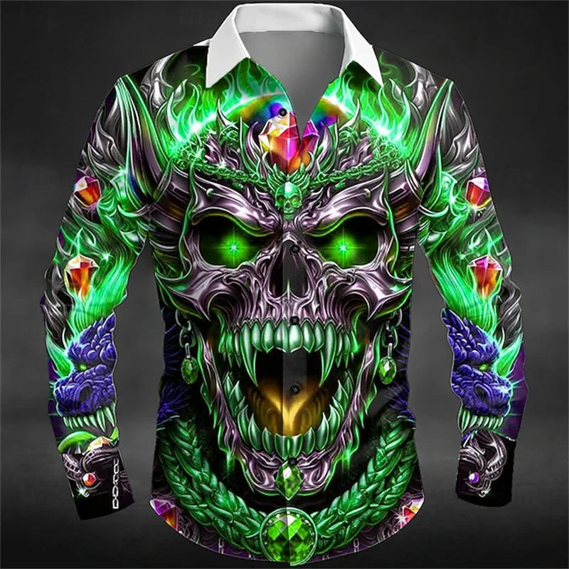 Halloween Men's Skull Dragon Flame Shirt Dark Punk Gothic Style Outdoor Holiday Summer Spring Lapel 3D Printed Lapel Shirt