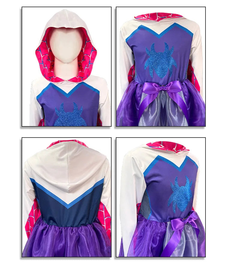 Girls Gwen Ghost Spider Costume Bodysuit Halloween Cosplay Hooded Holiday Party Costumes Fantasy Sexy Dress Up Hoodies Swimsuit