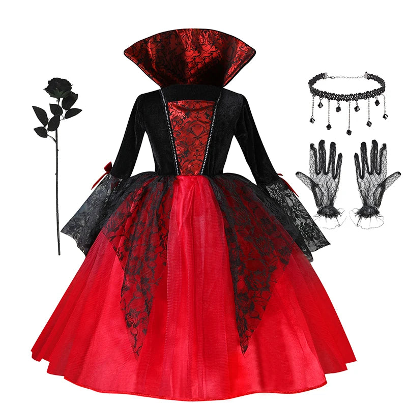 Halloween Girl Cosplay Vampire Dress For Kids Ghost Bride Vampire Costume Vampiran Carnival Party Outfits Scarlet Gothic Clothes