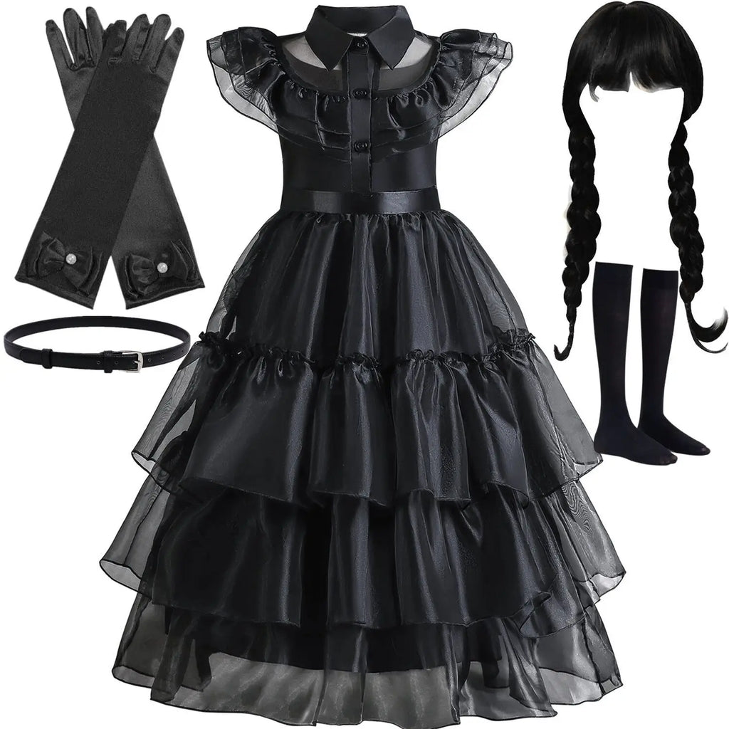 Gothic Lace Tiered Ball Gown Girls Hollowed Tulle Cake Dress Cosplay Prom Dress Halloween Wednesday Addams Black Costume