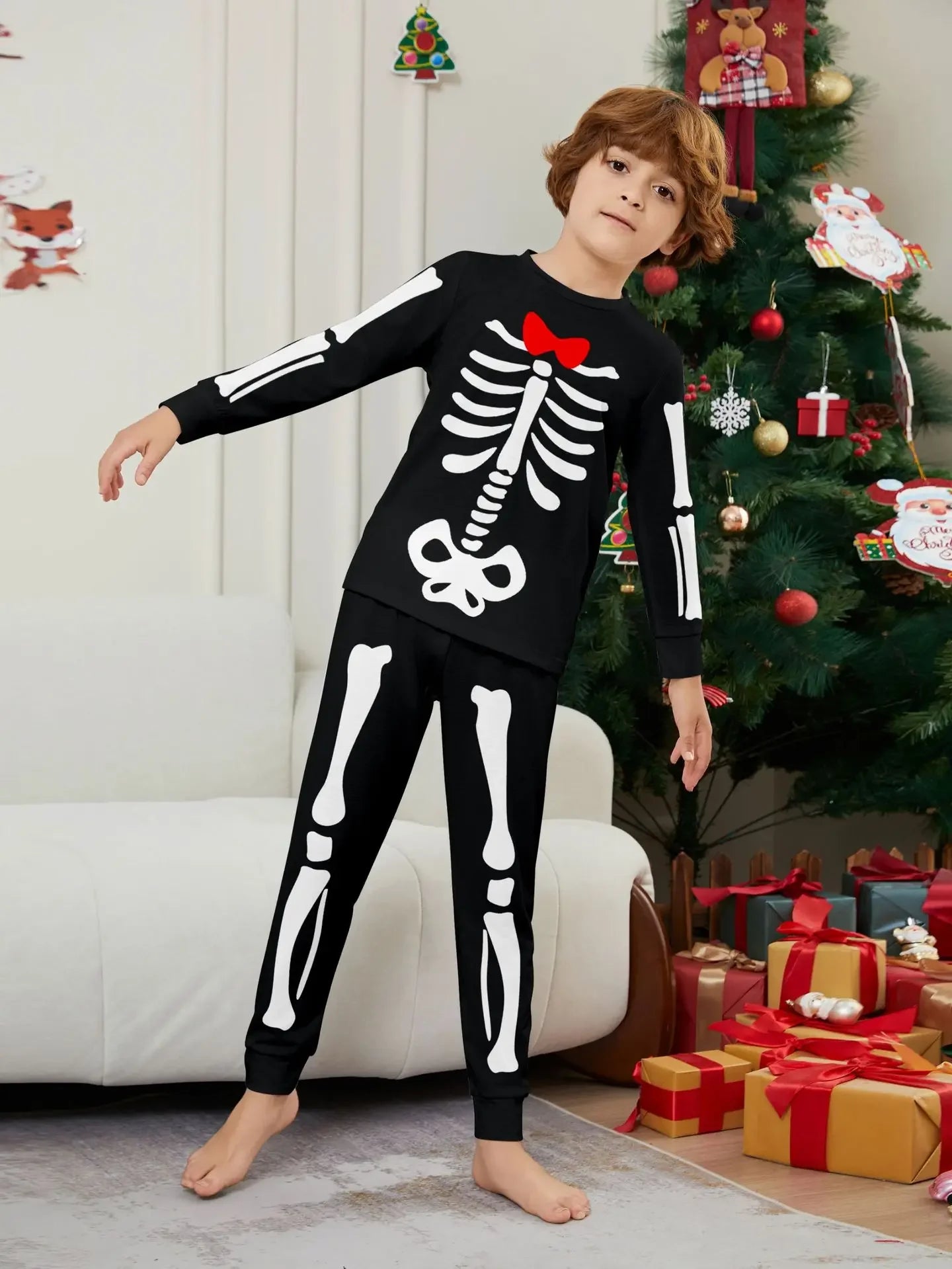 Happy Halloween Family Matching Outfits Skeleton Print Parent-child 2 Pieces Suit Sleepwear Soft Loose Pajamas Set Holiday Wear