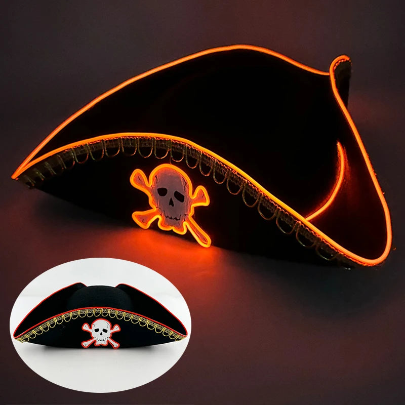 Newstyle Led Captain Hat Halloween Masquerade Pirate Theme Party Cosplay Captain Costumes Accessories Light Up Skull Pattern Hat