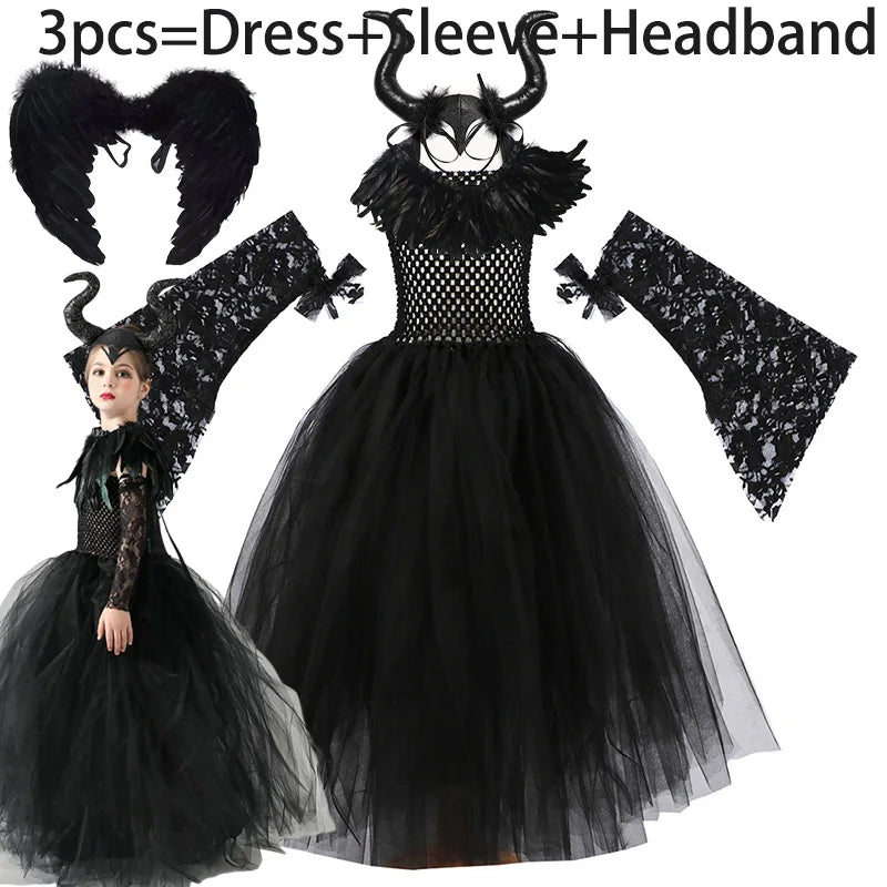 Maleficent Costume for Girls Role Play Evil Queen Gothic Villain Maleficent Princess Dress Sleeve Shawl Kids Halloween Apparel
