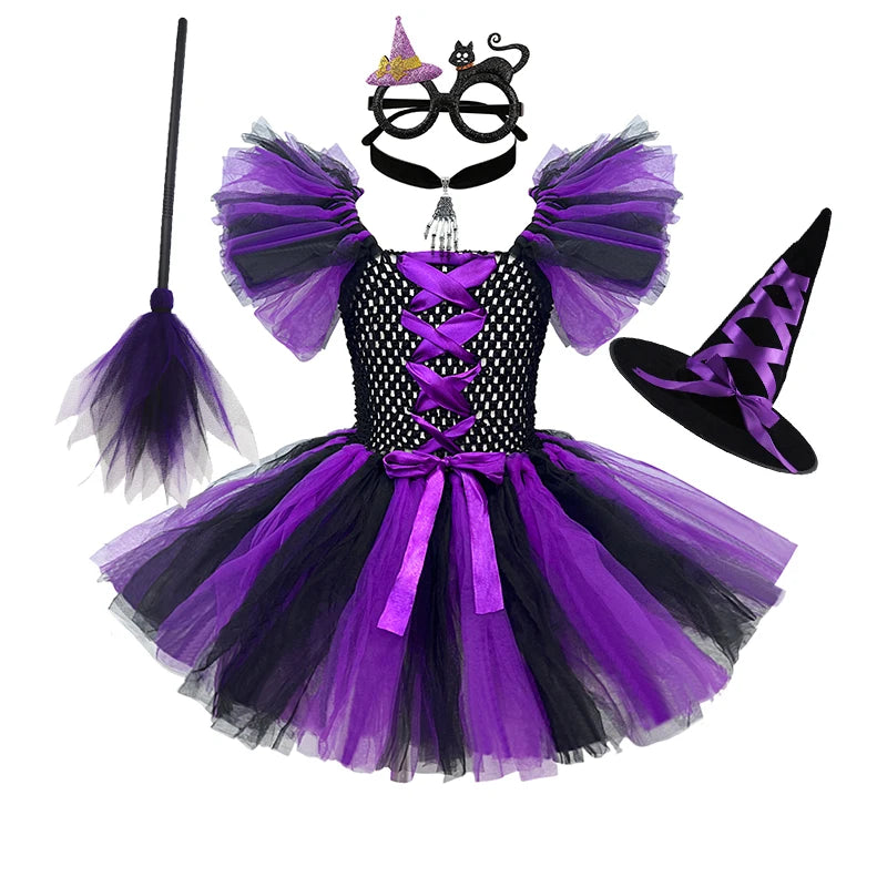 Girls Colour Witch Costume Disguise Halloween Cosplay Carnival Party Christmas Toddler Kids Princess Dress Prom Gown Dress