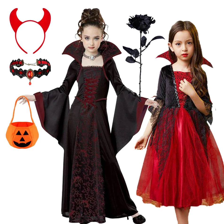 Halloween Girls Ghost Bride Mesh Vampire Costume Girls Princess Dress Performance Costume Black Evening Clothes