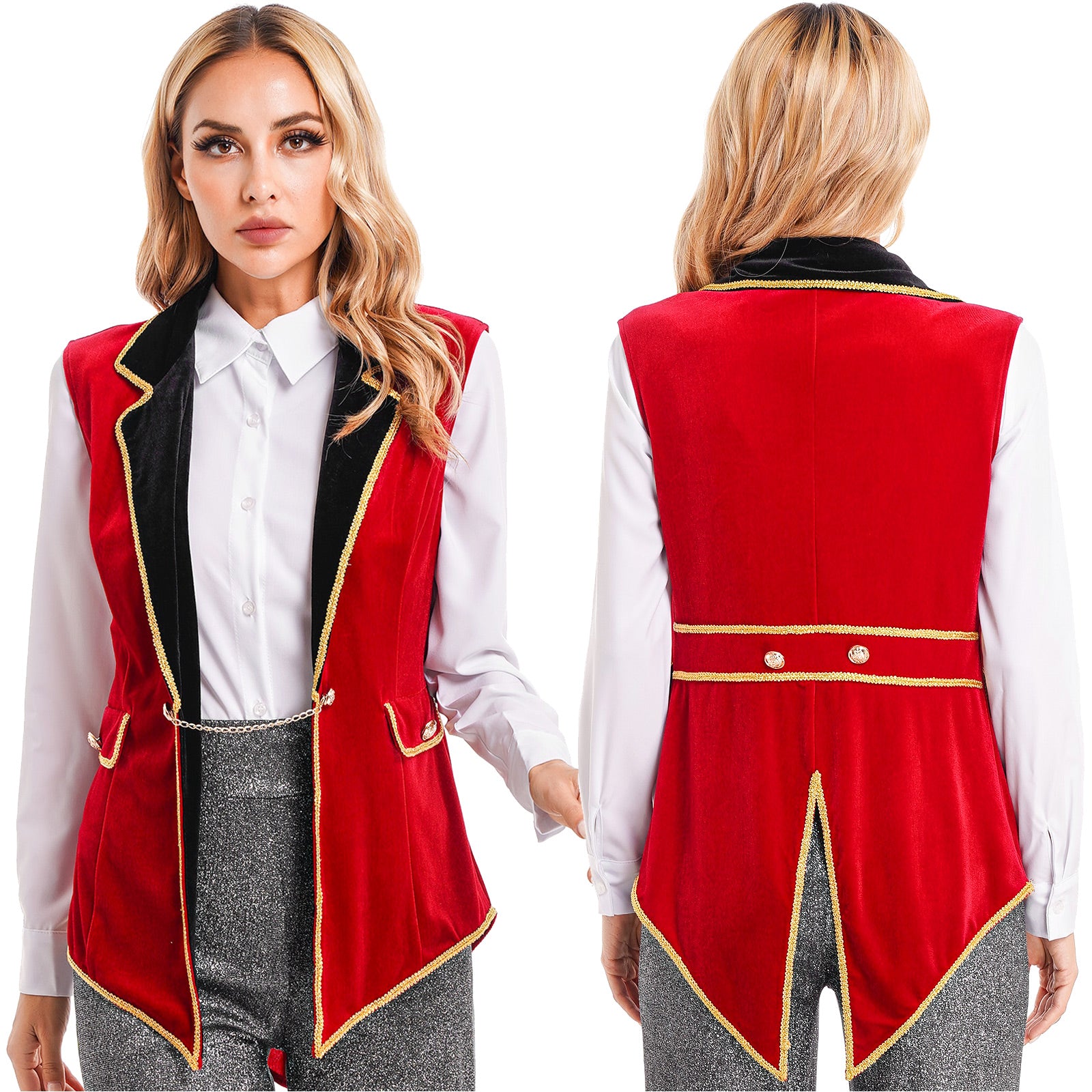 Womens Circus Ringmaster Costumes Halloween Showman Cosplay Tailcoat Lapel Vest Jacket Ringleader Lion Tamer Velvet Waistcoat