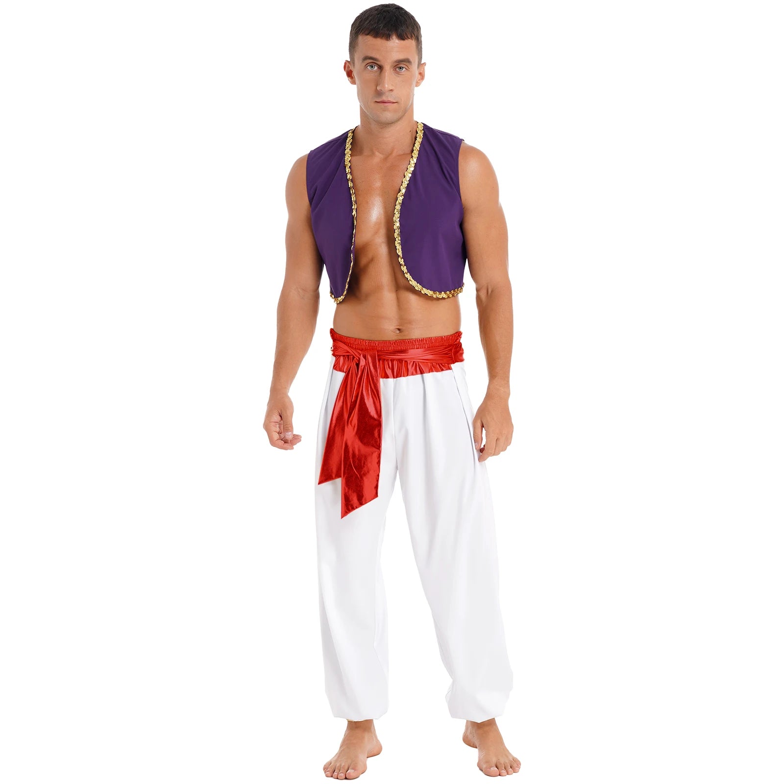 Aladin Costume Men Arabian Prince Cosplay Dress Up Waistcoat Top Harem Pants Suit Halloween Theme Party Carnival Stage Dancewear