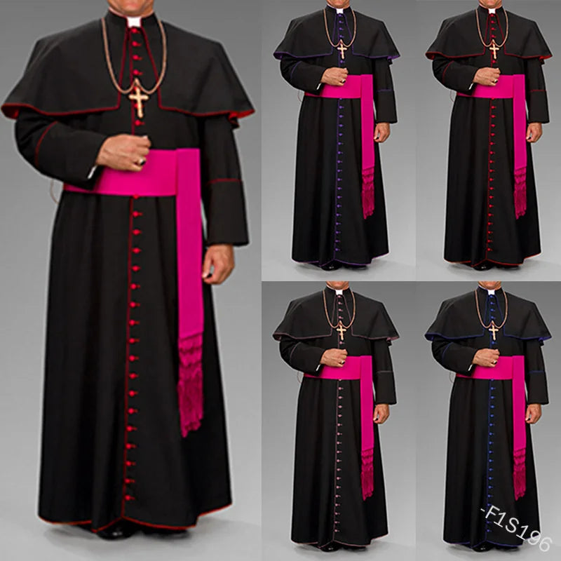 Roman Black Priest Cassock Robe Belt Clergyman Vestments Medieval Ritual Robe Wizard Black Priest Robe Belt Waistsash Cosplay