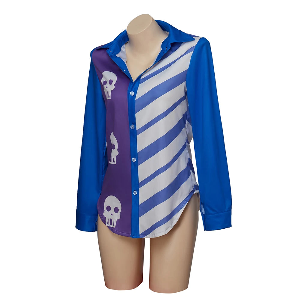 Anime Horseman Sarah Lynn Cosplay Shirt Skull And Horizontal Stripe Blue Print Shirt Costume Adult Student Casual Top Blouse