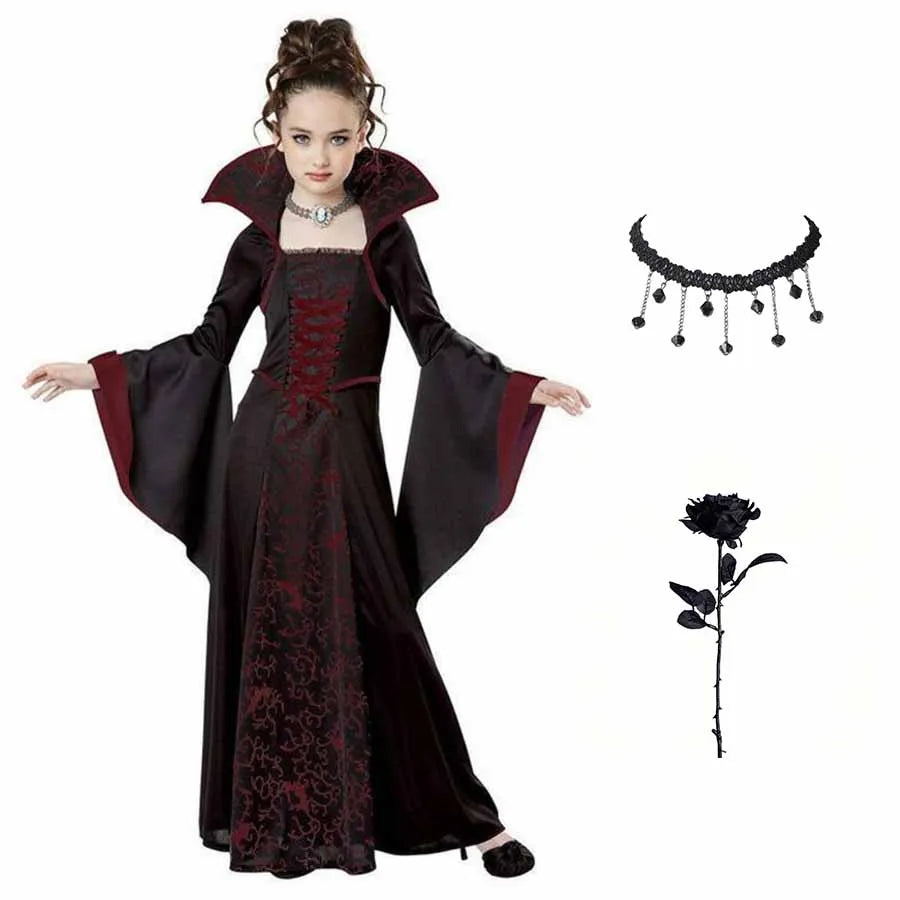 Halloween Costume for Kids Halloween Fantasy Vampire Costume Girls Long Tutu Dress Kids Carnival Outfit Gothic Feather Clothes