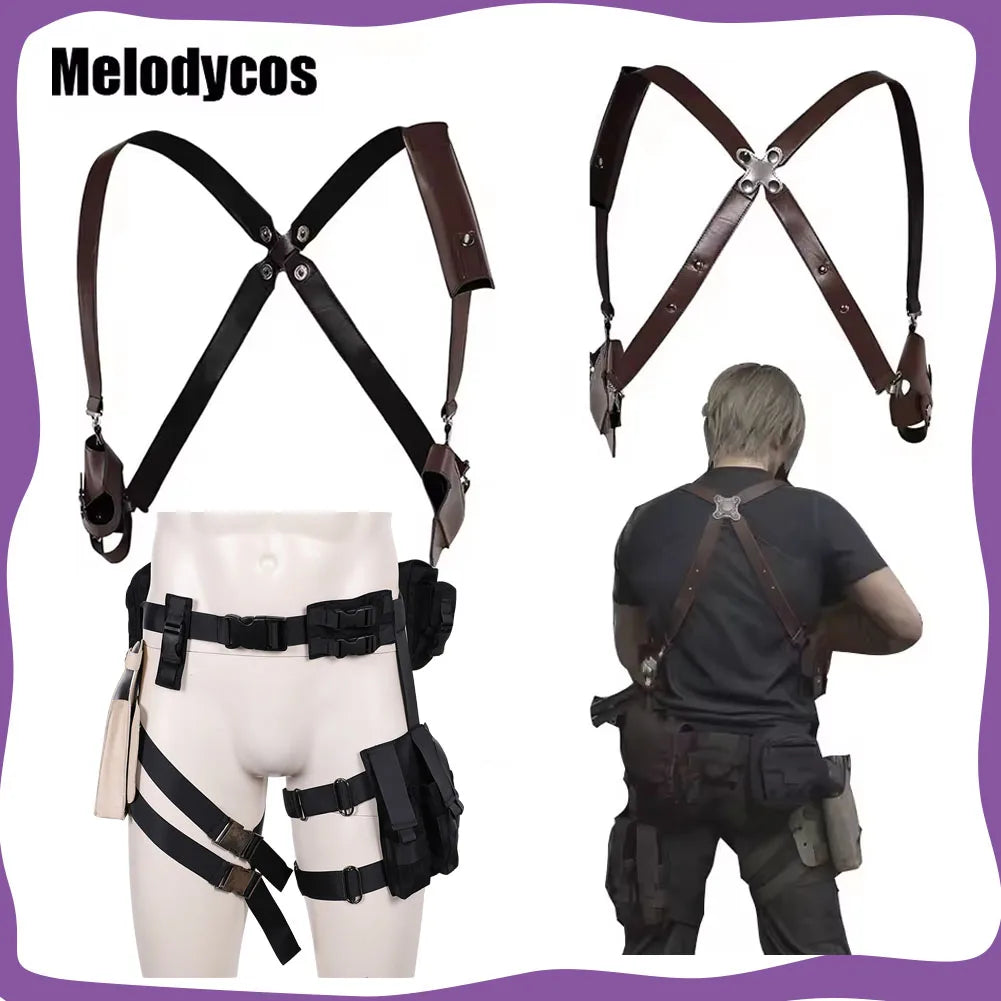 Leon Scott Kennedy Cosplay Men Back Strap Belts Gun Bag Game Resident 4 Remake Costume Accessories Halloween Carnival Props