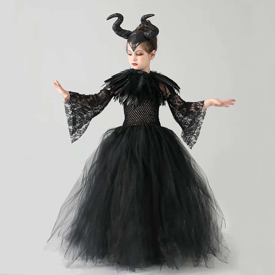 2024 New Maleficent Halloween Costume Maleficent Tulle Dress for Girls Cosplay Evil Queen Black Mesh Princess Dress Kids