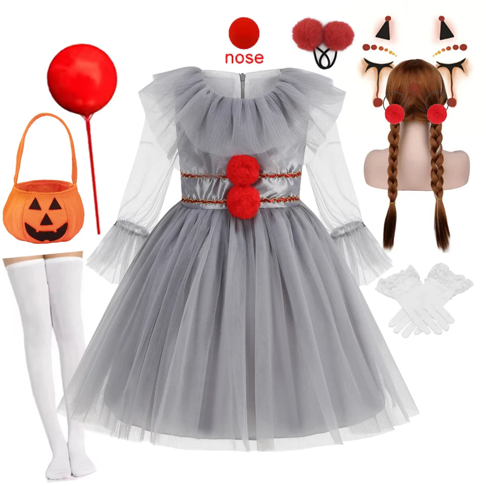 Gray Girls Joker Movie Cosplay Halloween Costume Tutu Dress Creepy Clown Thriller Party Clothes Children Tulle Fancy Party Dress