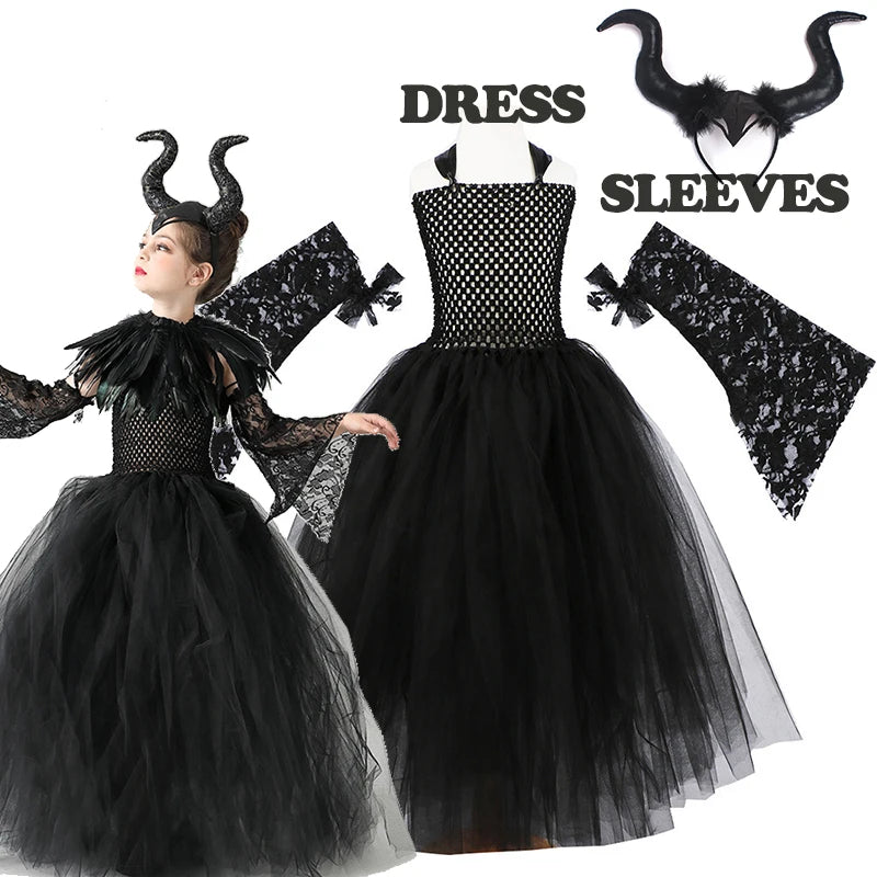 2024 New Maleficent Halloween Costume Maleficent Tulle Dress for Girls Cosplay Evil Queen Black Mesh Princess Dress Kids
