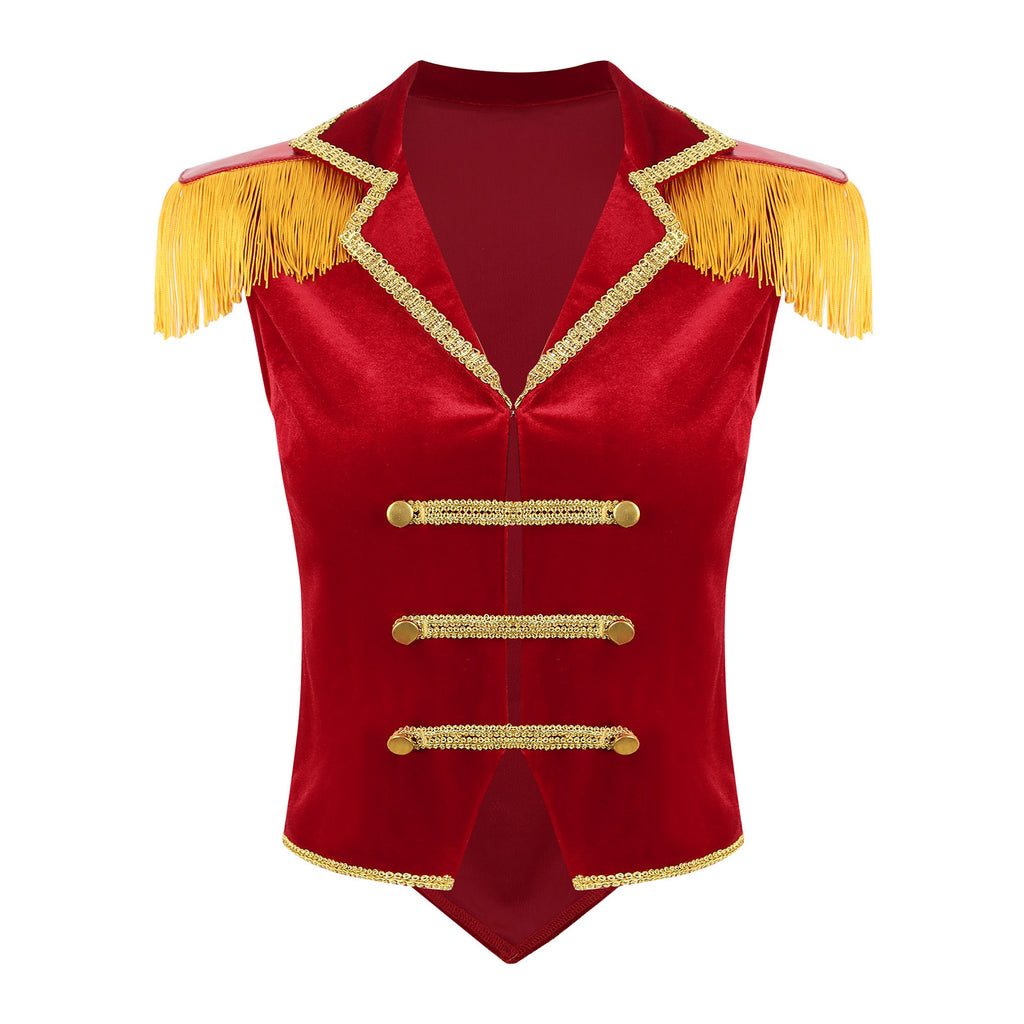 Womens Circus Ringmaster Costumes Halloween Showman Cosplay Tailcoat Lapel Vest Jacket Ringleader Lion Tamer Velvet Waistcoat