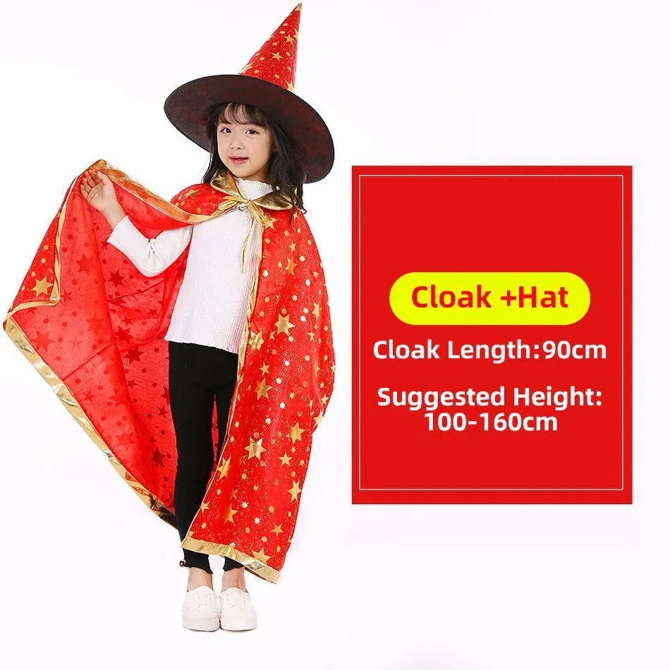 Children Cloak with Witch Hat Boys Girls Cosplay Costume Teens Black Purple Red Carnival Photography Props Kids Christmas Cape