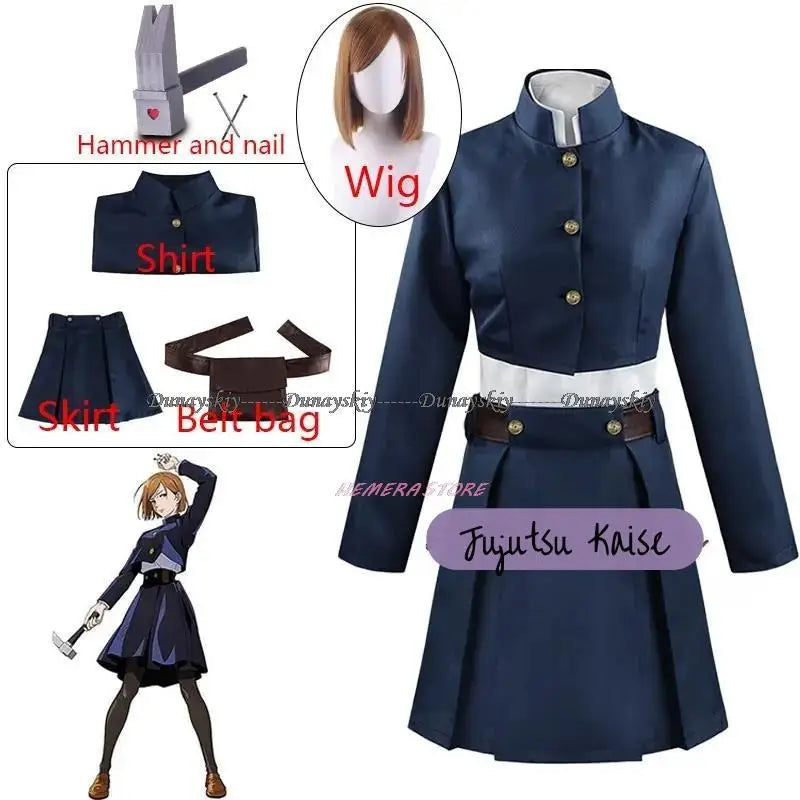 Anime JJK Kugisaki Nobara Cosplay Costume Kugisaki Nobara Wig Hammer Women Suit Outfit Uniform Bag Belt Hallowen Suit