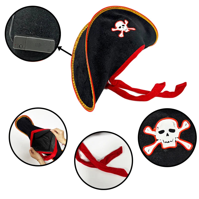 Newstyle Led Captain Hat Halloween Masquerade Pirate Theme Party Cosplay Captain Costumes Accessories Light Up Skull Pattern Hat