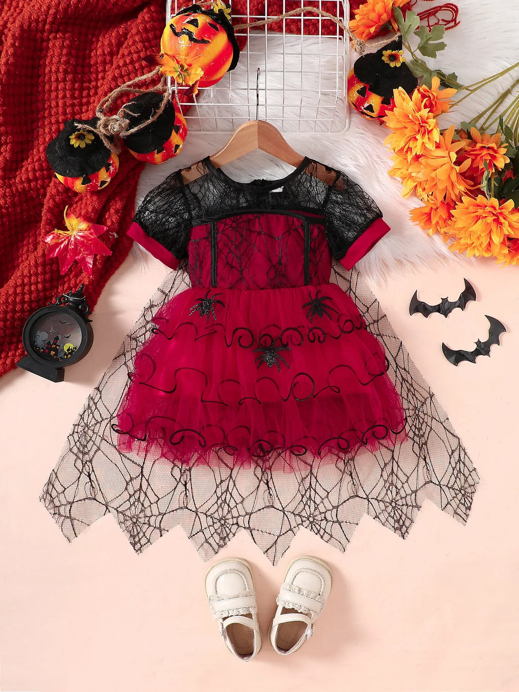 Halloween Girl With Cloak Witch Cosplay Party Dress Toddler Short Sleeve Spider Pattern Lace Tutu Knee Mesh Costume Dresses 1-5Y