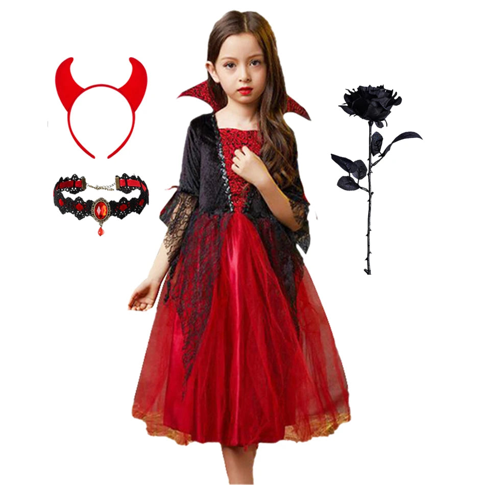 Halloween Girls Ghost Bride Mesh Vampire Costume Girls Princess Dress Performance Costume Black Evening Clothes