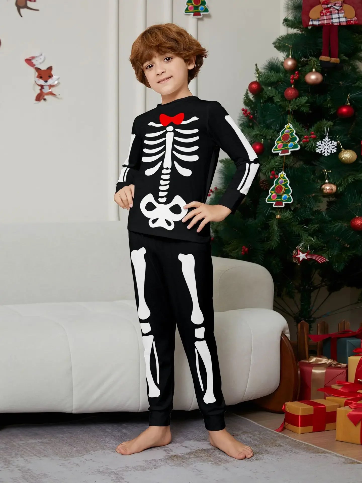 Happy Halloween Family Matching Outfits Skeleton Print Parent-child 2 Pieces Suit Sleepwear Soft Loose Pajamas Set Holiday Wear