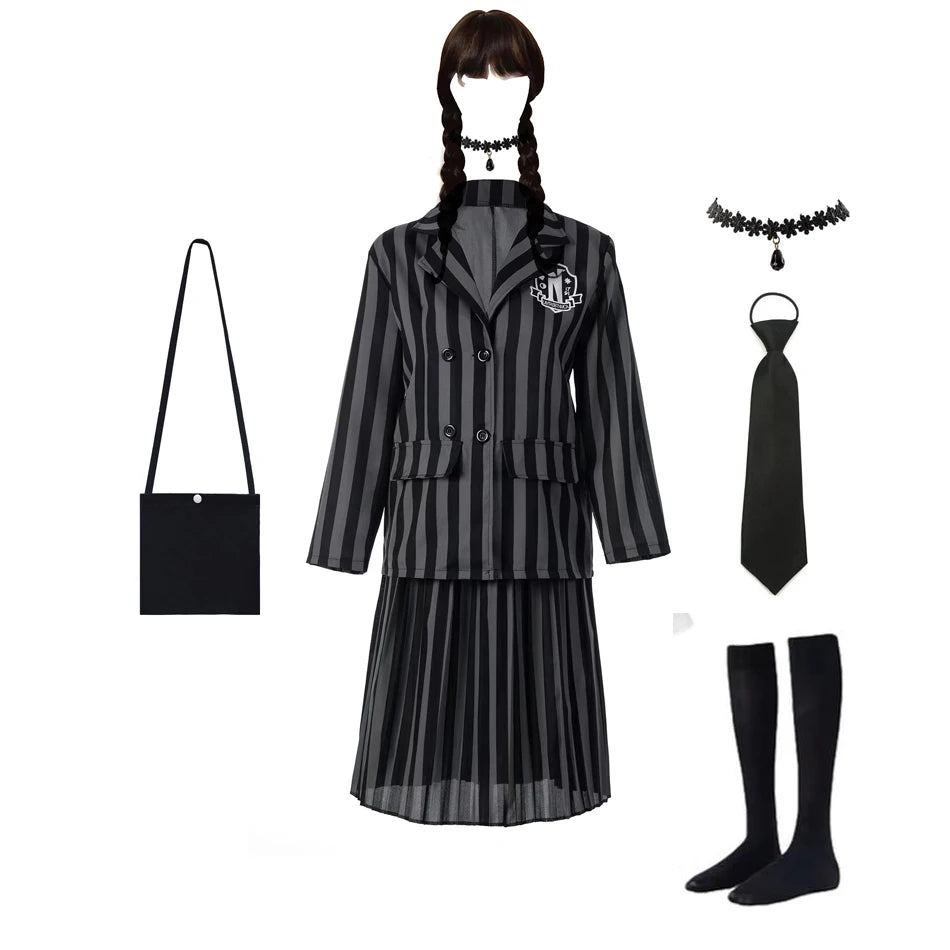 Addams Costumes Girls Black Uniform Suit Birthday Party Halloween Cosplay Dresses For Kids Women