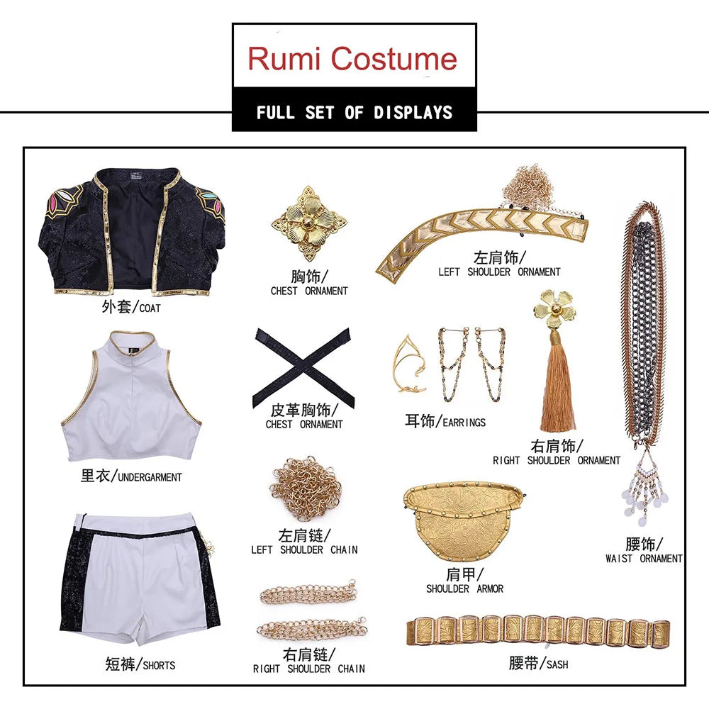 Rumi Zoey Mira Cosplay Clothes KPop Demon Hunters Cosplay Costume Black Golden Suit Halloween Huntrix Role Playing Outfit