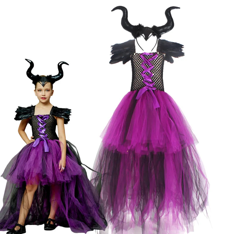 Maleficent Halloween For Children Costume Tulle Purple Black Dress Girls Cosplay Vestidos Party Evil Queen Mesh Princess Dresses