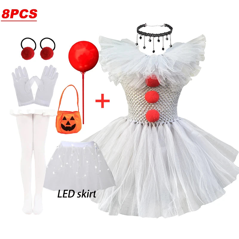 2025 New Halloween Kids Horror Movie Clowns Cosplay Costume Set for Girls Carnival Party Party Dress Up Clothing Sets