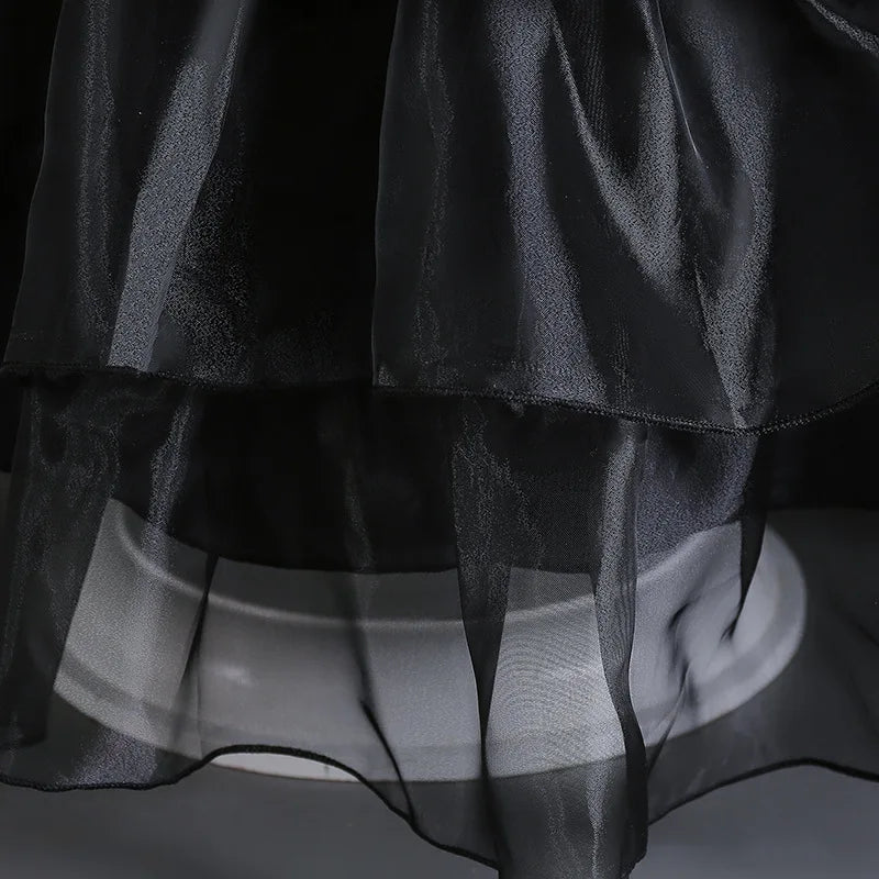 Gothic Lace Tiered Ball Gown Girls Hollowed Tulle Cake Dress Cosplay Prom Dress Halloween Wednesday Addams Black Costume