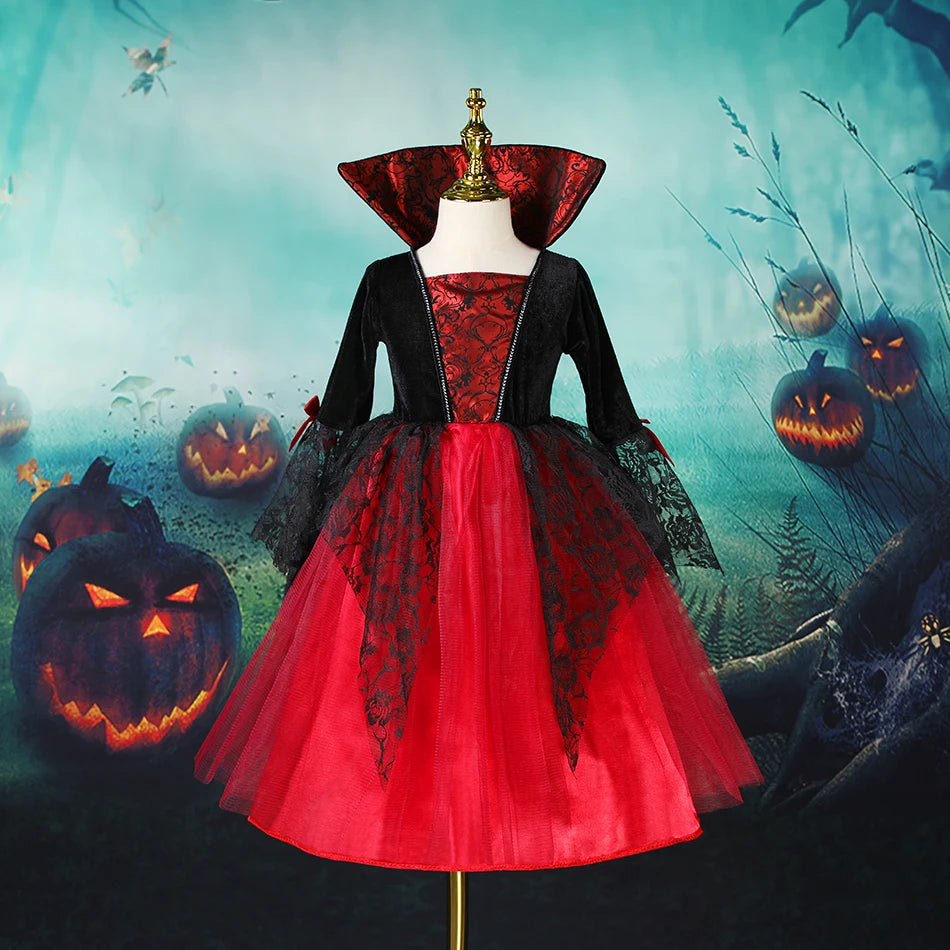 2025 Girls Cosplay Vampire Halloween Dress For Kids Ghost Bride Gothic Costume Count Vampiran Carnival Outfit Black Red Clothes