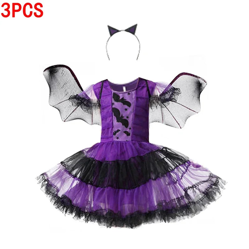 Halloween Girls Purple Bat Dress Kids Fancy Cosplay Vampire Demon Costume With Wing Headwear Carnival Witch Role Playing Clothes