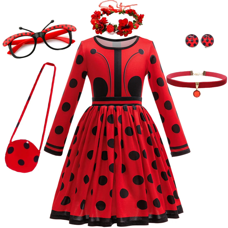Halloween Costume Girl Ladybug Cosplay Dress Kid Marinette Red Dot Frocks Purim Cartoon Fancy Disguise Sets Child Birthday Gift