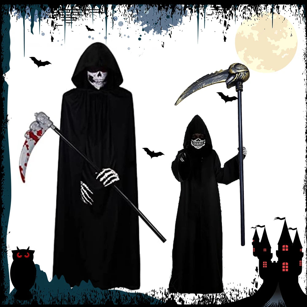 Halloween Grim Reaper Costume Set Halloween Cape Adult Kid Role Playing Props Grim Reaper Ghost Scythe Mask and Gloves Unisex