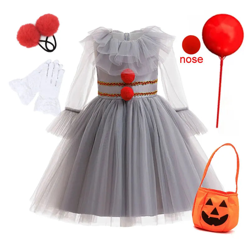 Girls New Gray Joker Dress for Kids 2025 Halloween Carnival Cosplay Creepy Clown Costume Children Dress Up Party Clothes