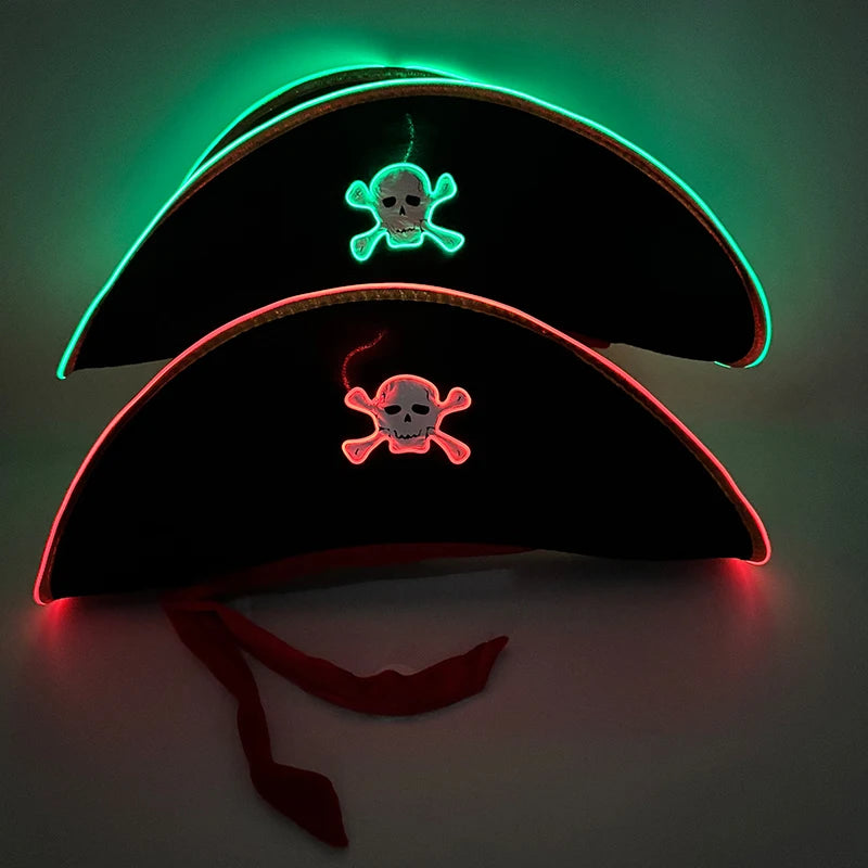 Newstyle Led Captain Hat Halloween Masquerade Pirate Theme Party Cosplay Captain Costumes Accessories Light Up Skull Pattern Hat