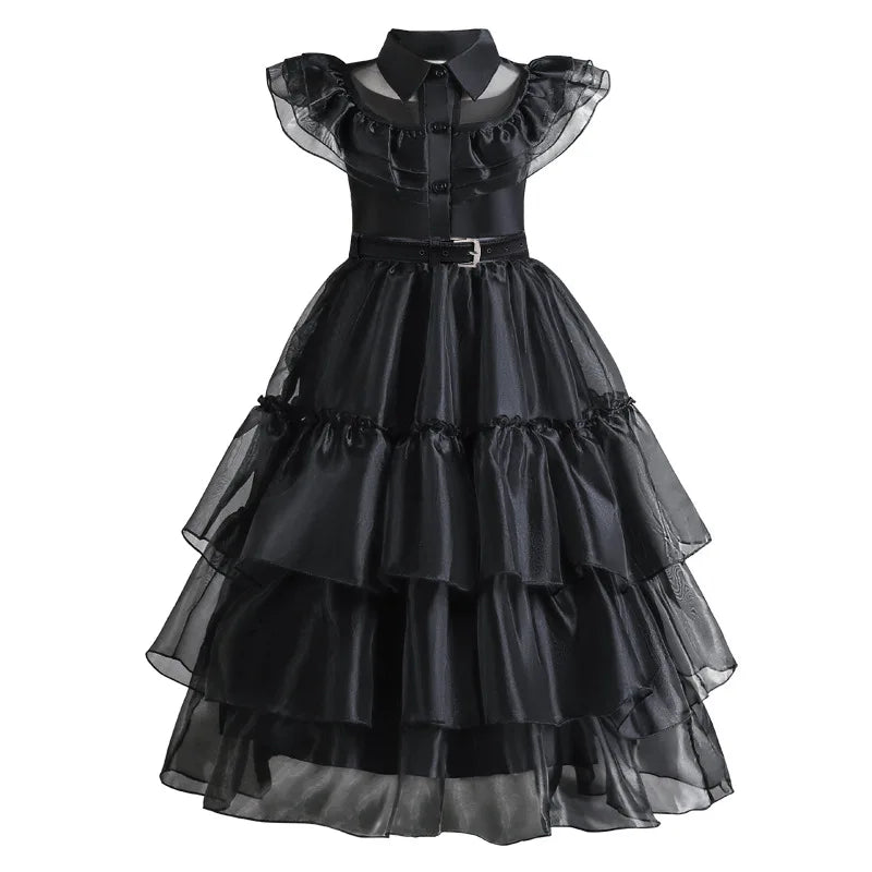 Gothic Lace Tiered Ball Gown Girls Hollowed Tulle Cake Dress Cosplay Prom Dress Halloween Wednesday Addams Black Costume