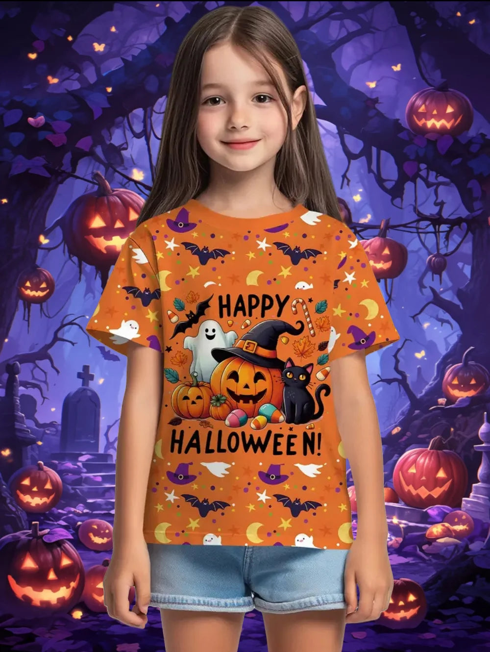 Girl Clothes Funny Pumpkin Graphic T Shirt Halloween Boys Girls Summer Short Sleeves T-Shirt 2-10y Halloween Gift Party T-Shirt