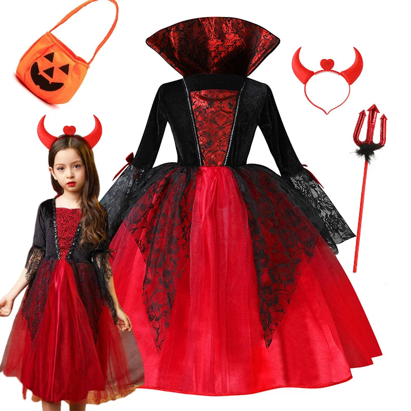 Girl Vampire Halloween Dress For Kid Ghost Bride Gothic Cosplay Vampire Costume Count Vampiran Carnival Outfit Black Red Clothes