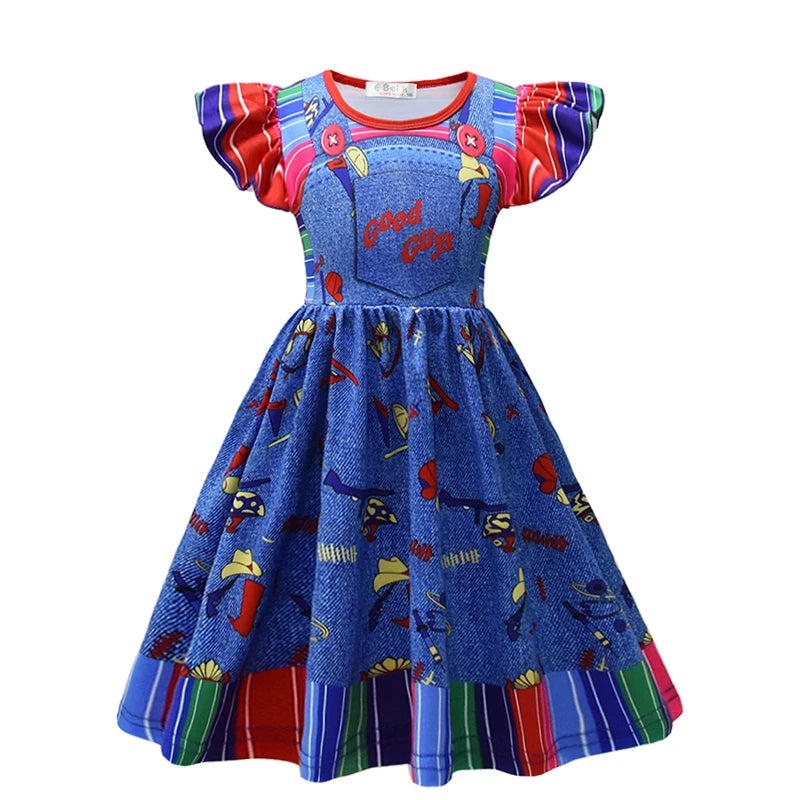 Child Role Play Ghost Doll Chucky Dress for Girls 2-10Y Kids Halloween Cosplay Horror Ghost Masquerade Carnival Party Costume