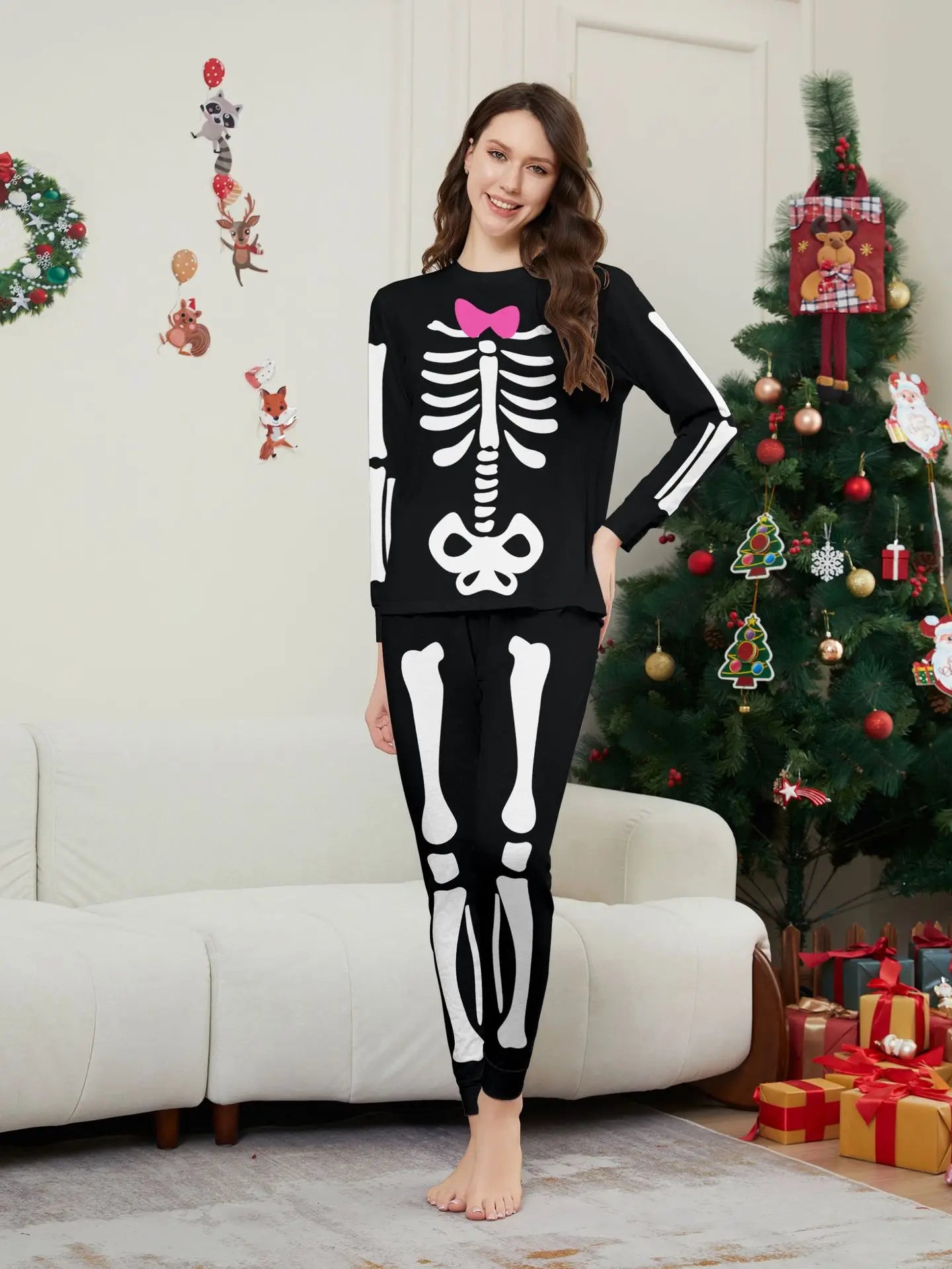 Happy Halloween Family Matching Outfits Skeleton Print Parent-child 2 Pieces Suit Sleepwear Soft Loose Pajamas Set Holiday Wear