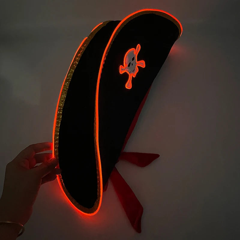 Newstyle Led Captain Hat Halloween Masquerade Pirate Theme Party Cosplay Captain Costumes Accessories Light Up Skull Pattern Hat