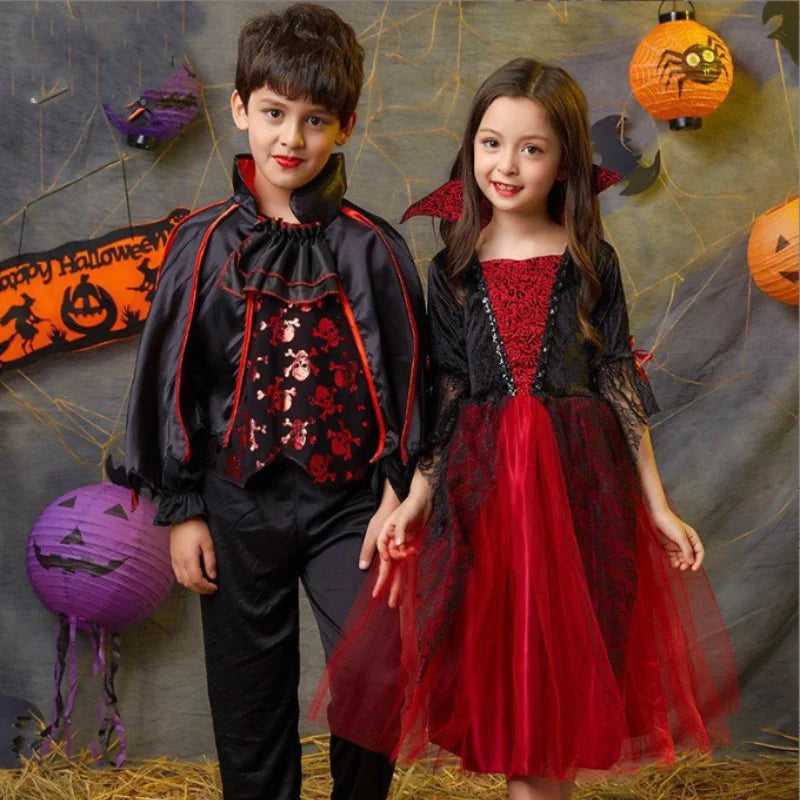 Girl Vampire Halloween Dress For Kid Ghost Bride Gothic Cosplay Vampire Costume Count Vampiran Carnival Outfit Black Red Clothes